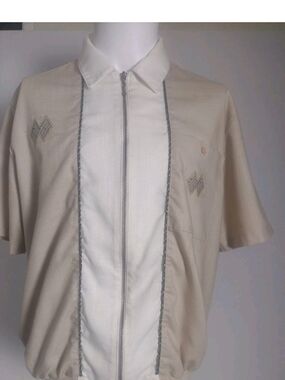 Retro Vintage Alan Stuart Medium Cream and Beige Classic Shirt Zipper Front